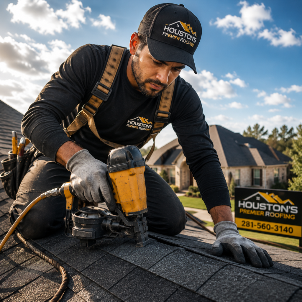 Professional roofer installing asphalt shingles on residential home roof in Houston Texas using pneumatic roofing nail gun for roof replacement project.